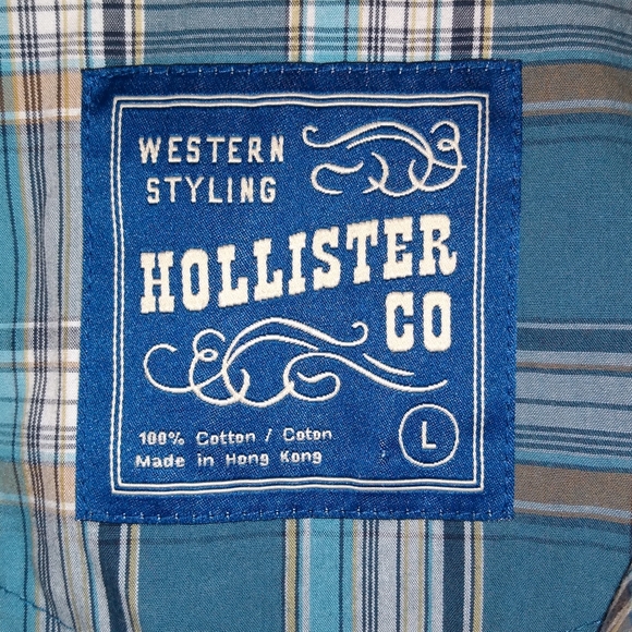 🔴 SALE VTG Hollister Blue/Green Plaid Short Sleeve Western Pearl Snap Button Up - Picture 4 of 6